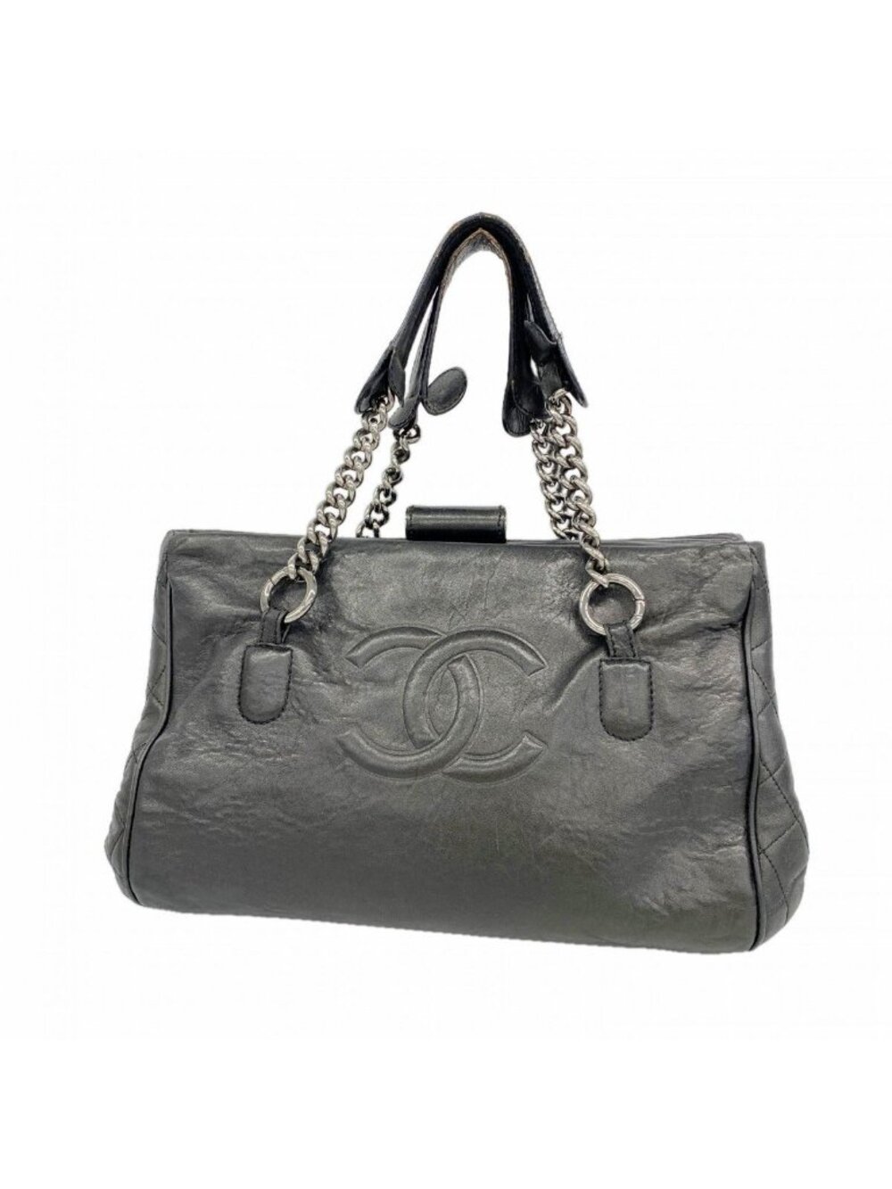 Chanel Chain Tote Leather Black Silver